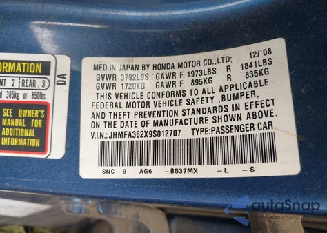 2009 Honda Civic Hybrid from USA, damaged, VIN JHMFA362X9S012707